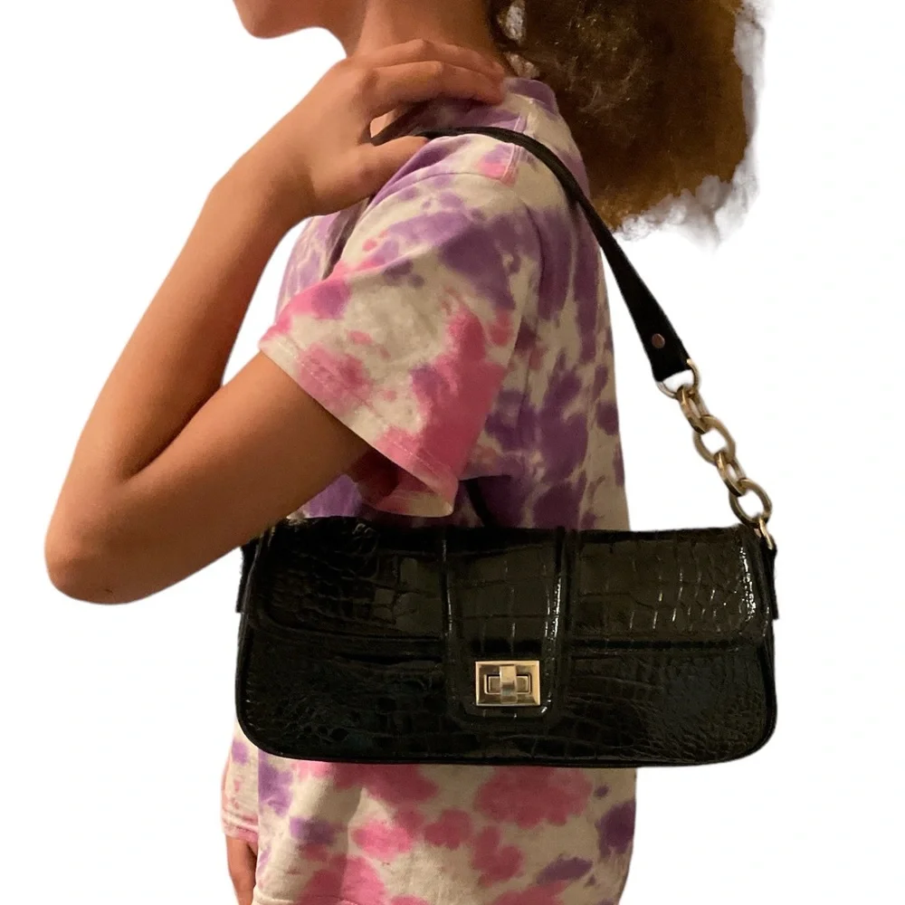 Black Paradox Leather Crocodile Shoulder Bag